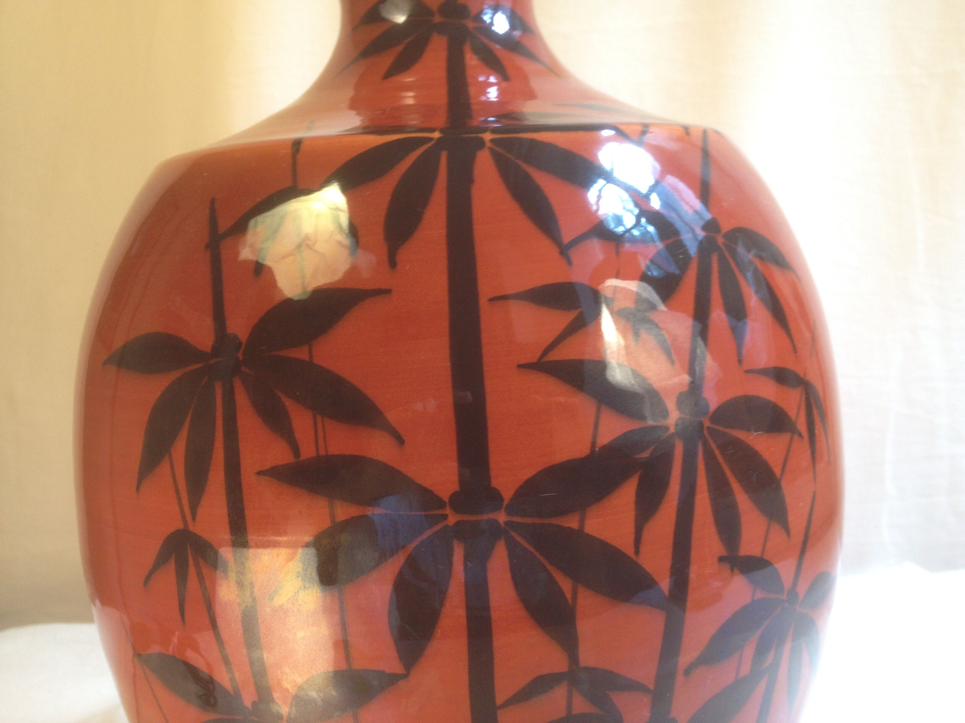 Ochre ceramic lamp base with bamboo decoration