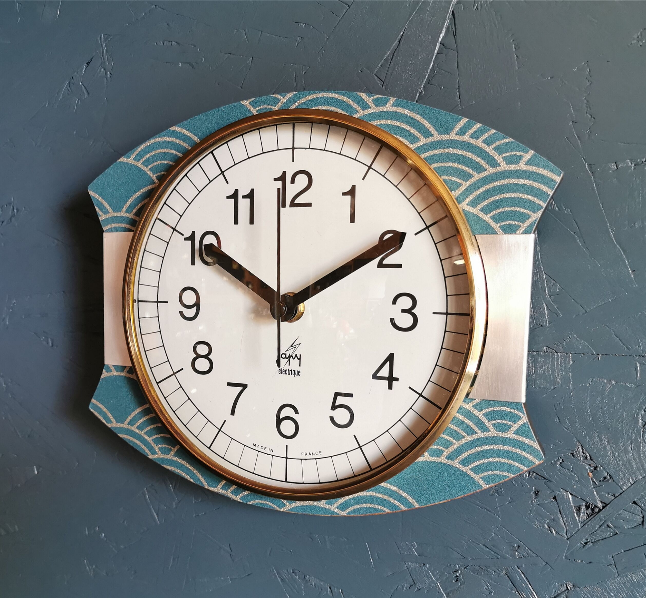 Vintage clock silent rectangular wall clock Japy blue silver