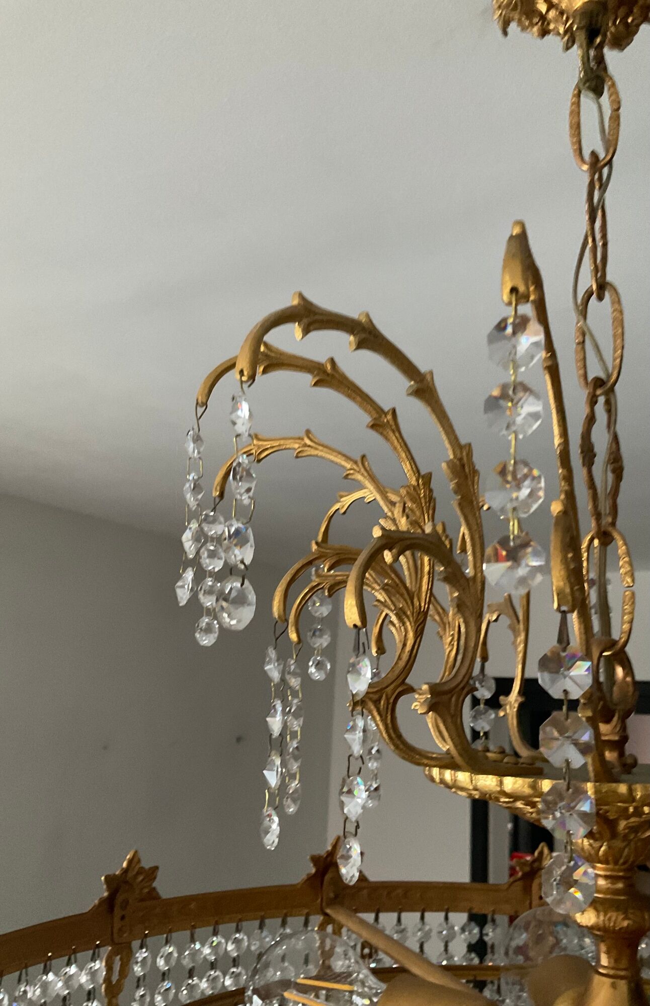 Old bronze waterfall chandelier with crystal tassels