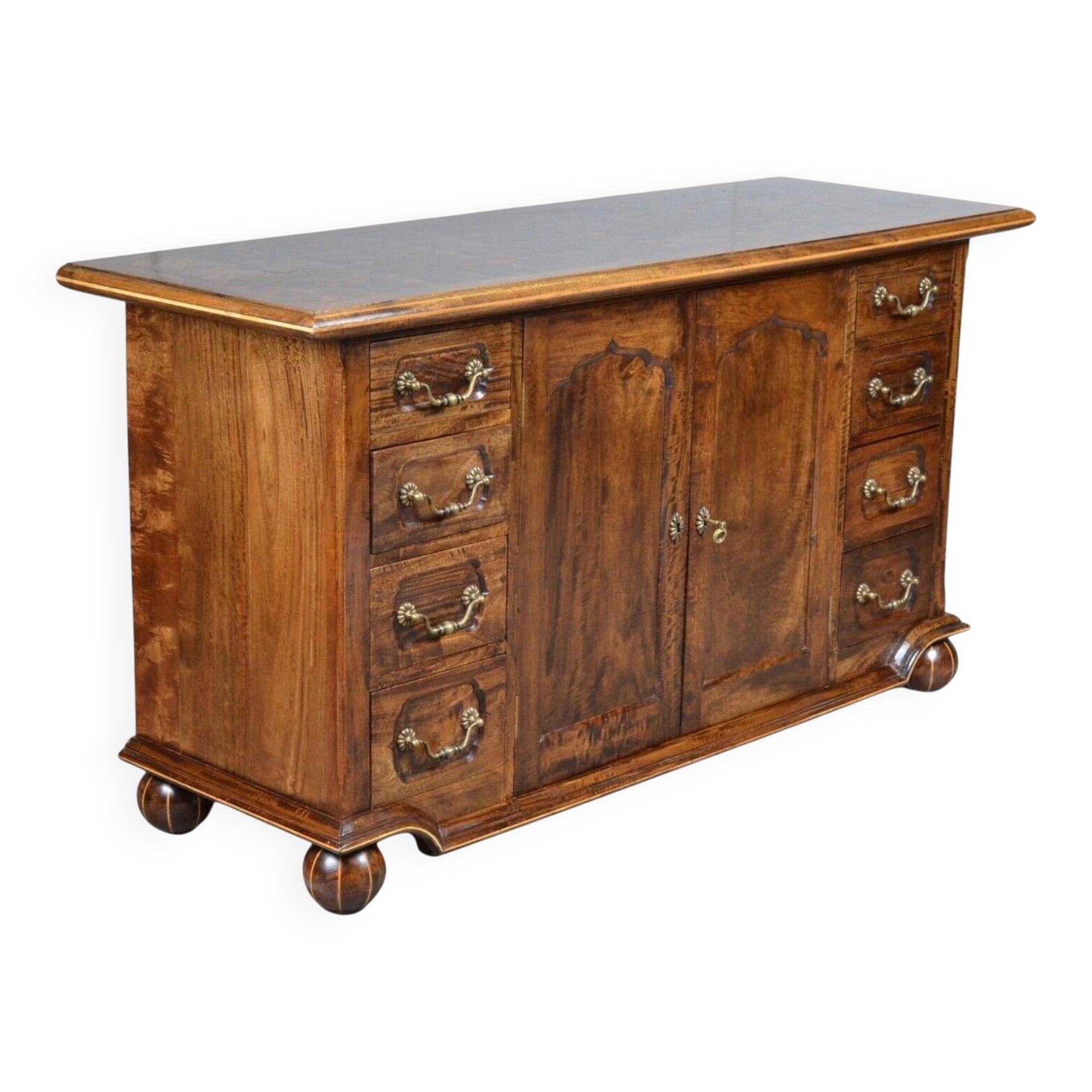 Rustic walnut sideboard with inlaid parquetry, vintage quality.