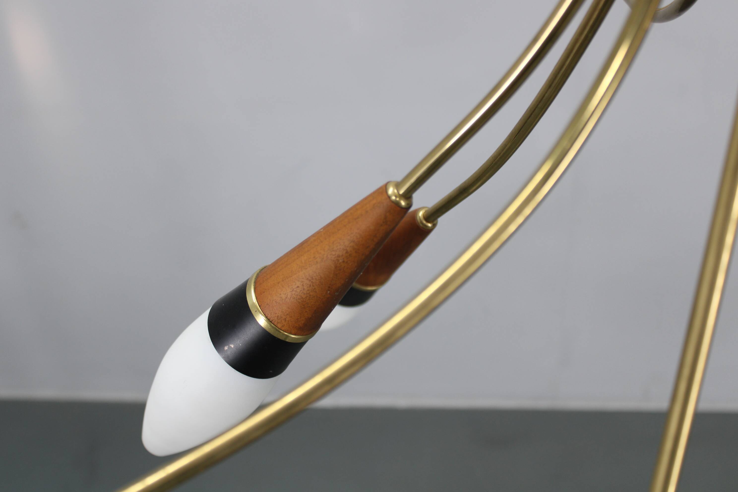 1960s Rupert Nikoll Brass and Teak Opaline Glass Chandelier, Austria