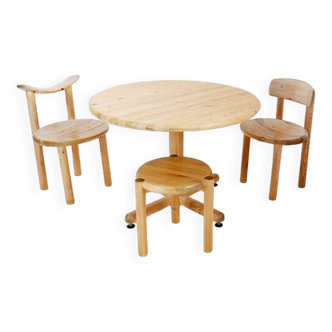 Rainer Daumiller for Hirtshals Savværk A/S dining set - Denmark, 1970s - 1 table/2 chairs/1 stool