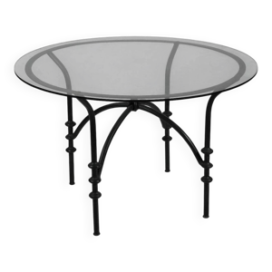 Table à manger vintage base tubulaire et plateau en verre un nœud.