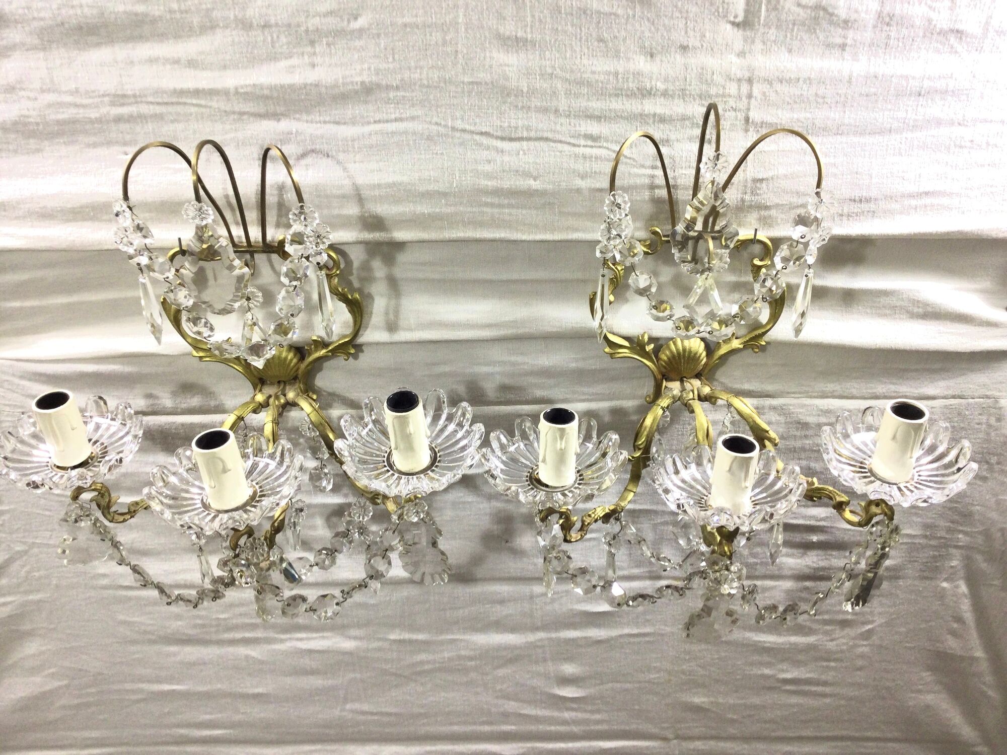 Pair of 3-light bronze and crystal wall lights