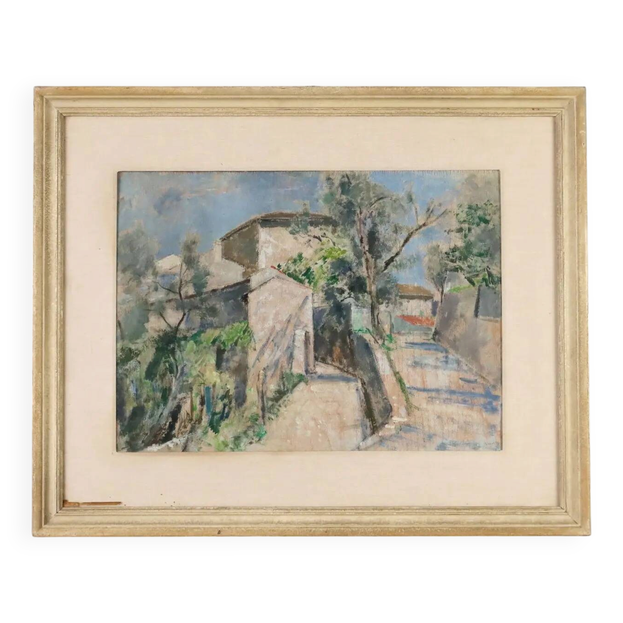 Modern painting signed Renzo Biasion, landscape of Garda, 1953.