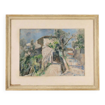 Modern painting signed Renzo Biasion, landscape of Garda, 1953.