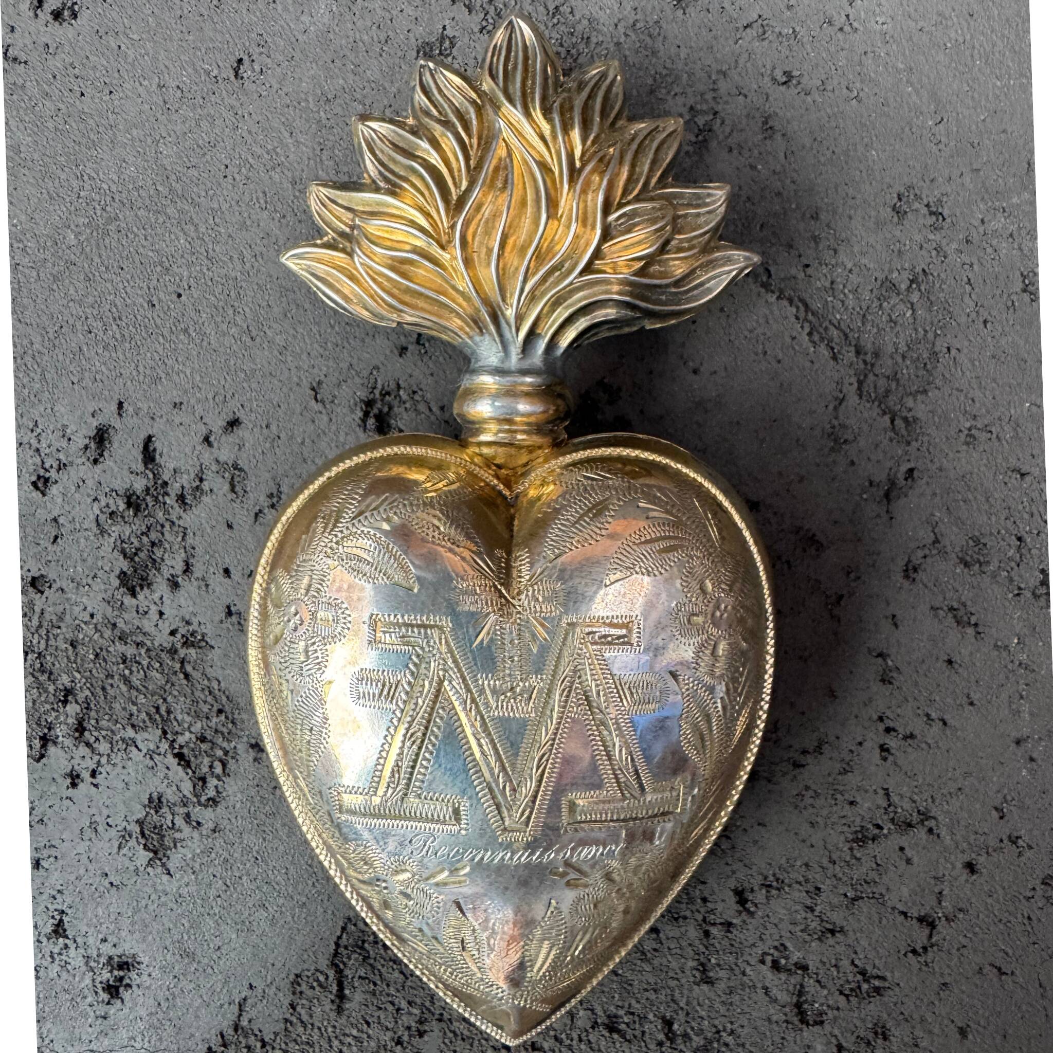 Sacred ex-voto in solid silver – heart engraved “Reconnaissance” – interior do