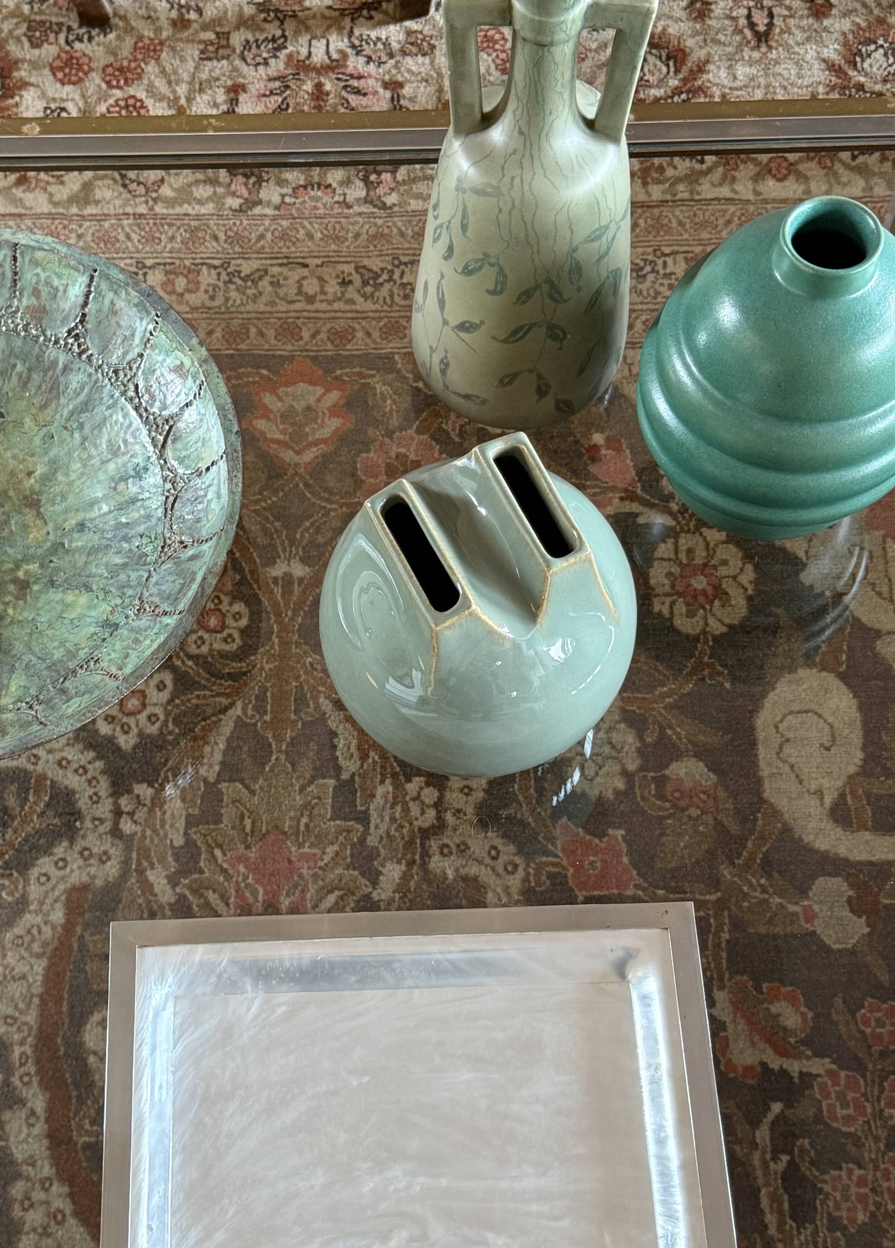 Mid-century Modern green spherical gres vase, Franco Bucci Italy ca. 1970