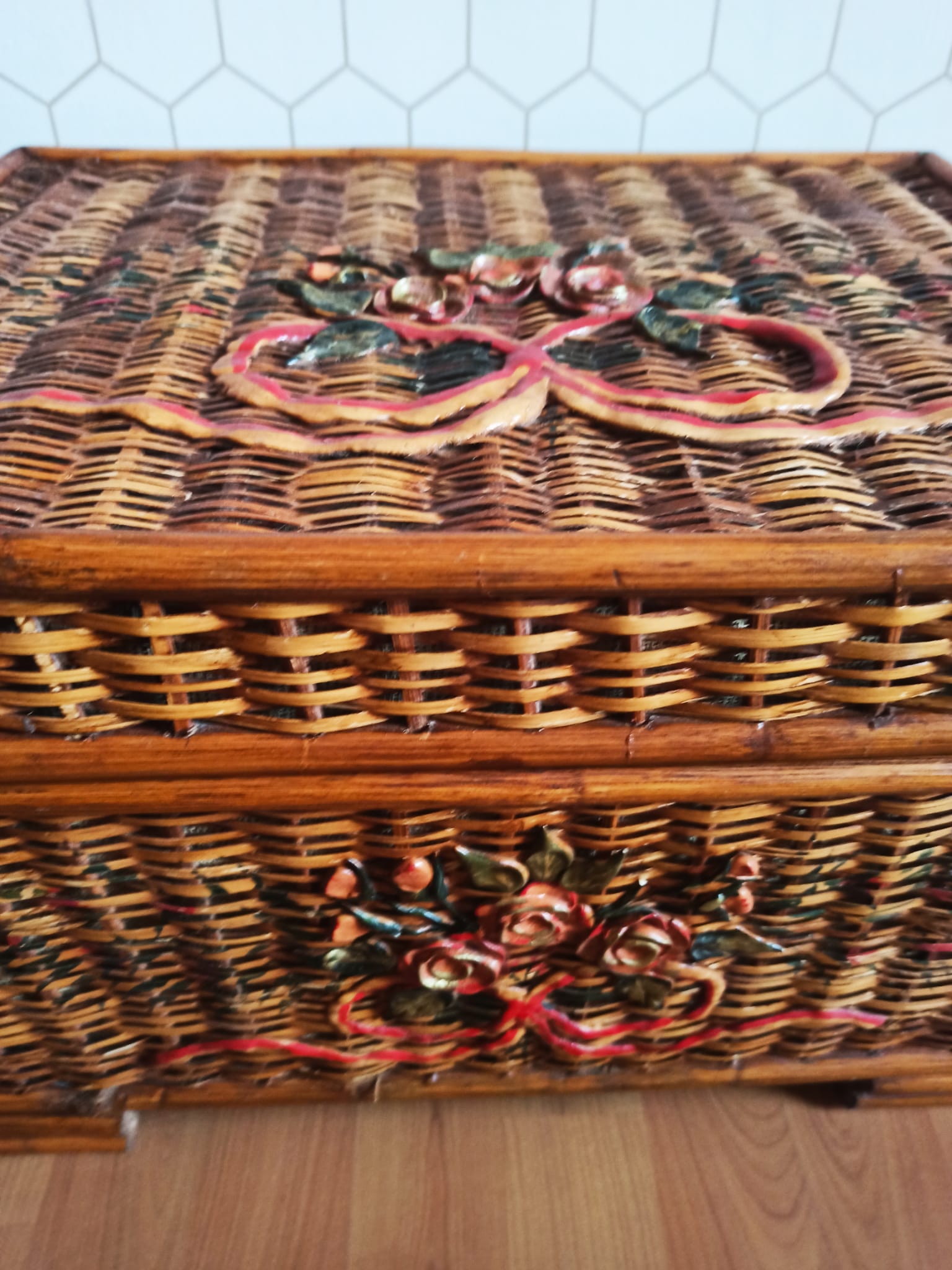 Ancient wicker, rattan and bamboo chest