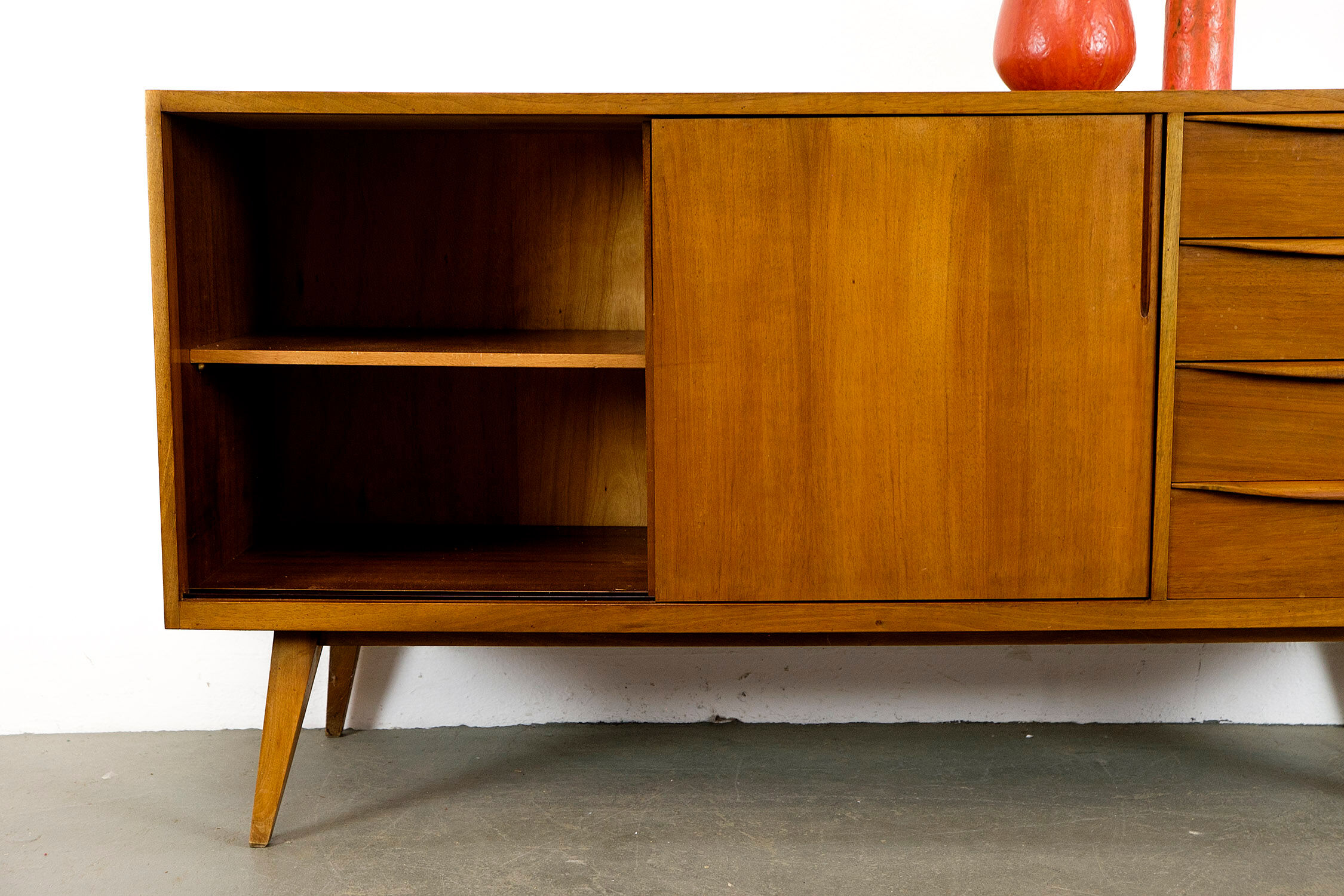 Midcentury Walnut Sideboard with sliding doors and drawers, 1950s