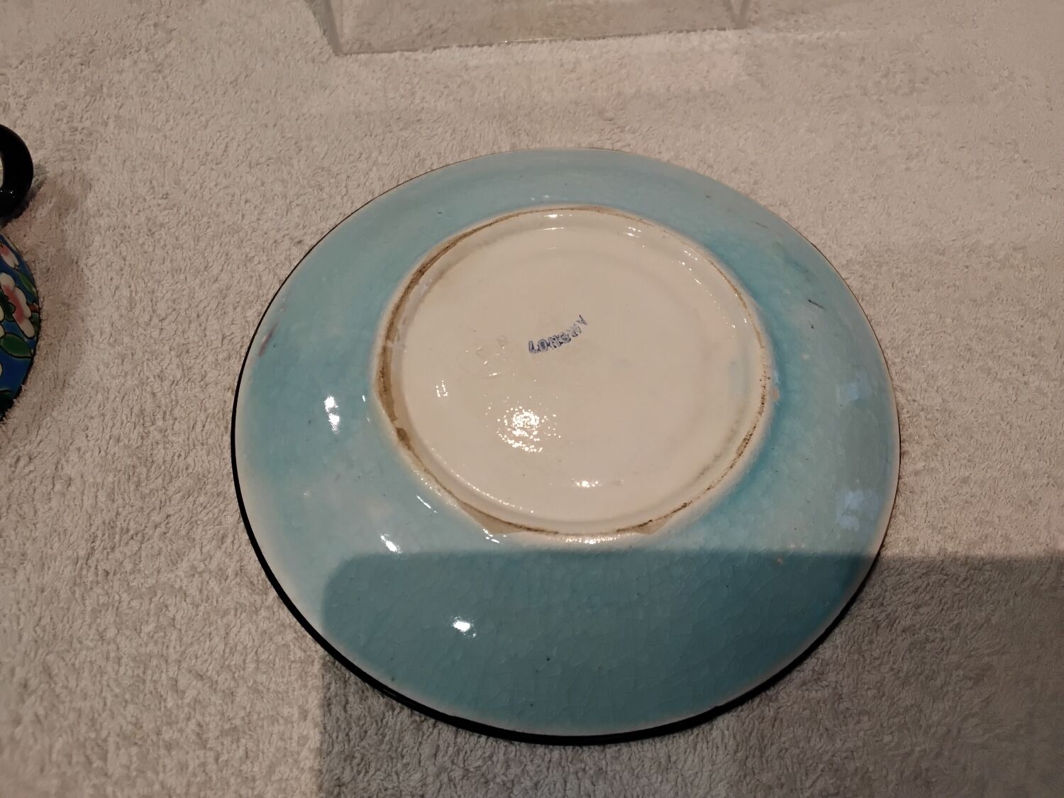 32cl teacup and saucer, Longwy enamel, apple blossom design, 188