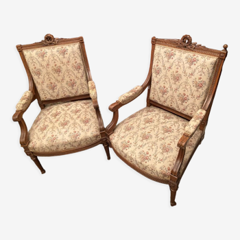 Pair of armchairs nineteenth walnut carved Louis XVI style