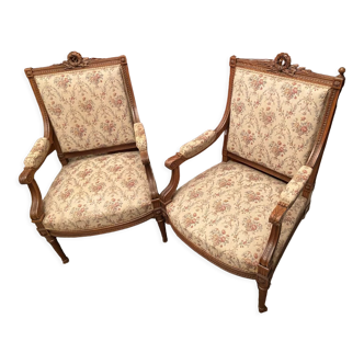 Pair of armchairs nineteenth walnut carved Louis XVI style