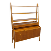 Teak fineer kast uit Zweden met lades, legplank en uitschuifbare plank