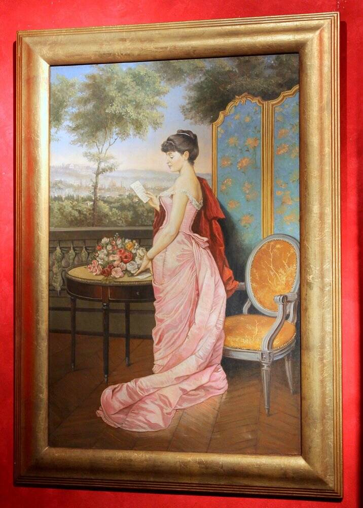 Portrait d'une dame italienne avec paysage florentin, 1890, huile sur toile, encadré.