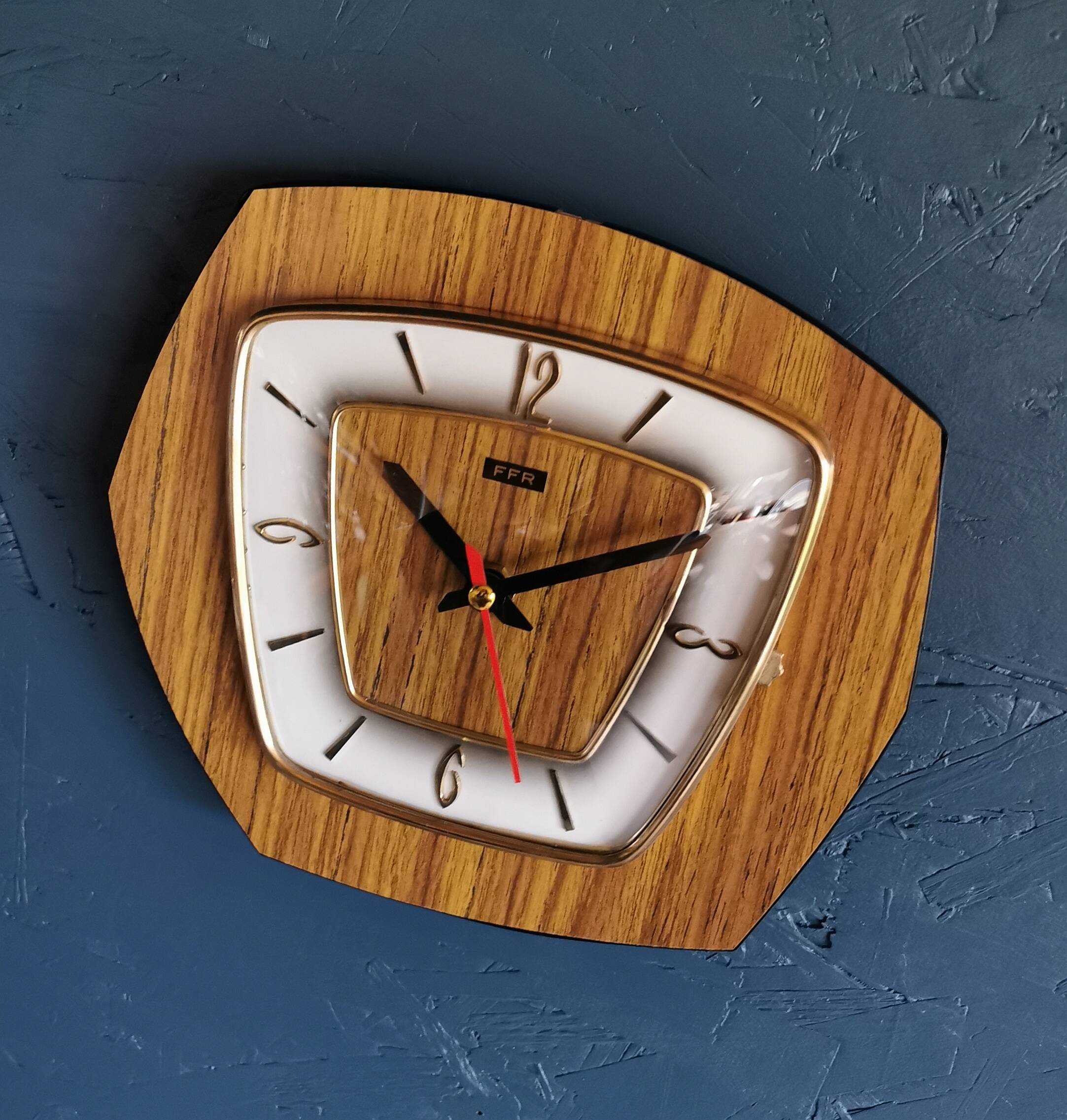Vintage formica clock silent hexagonal wall pendulum "FFR wood"