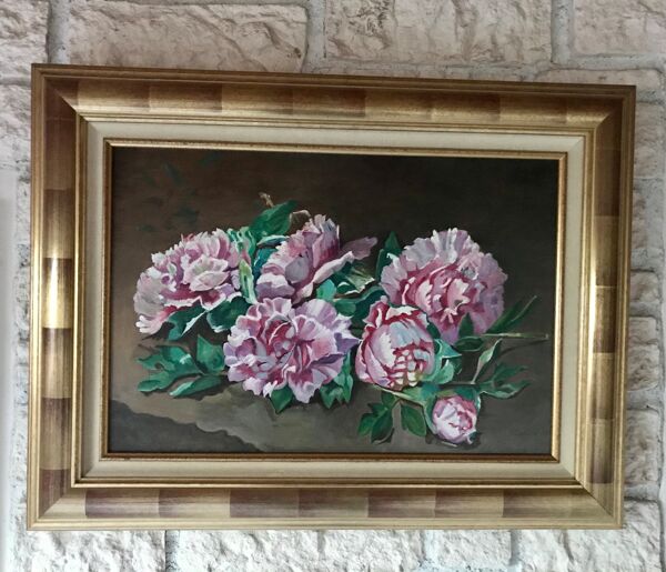 Huile sur toile pivoines en bouquet