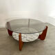 Ancienne table basse design Hugues Poignant vintage années 70 verre et marbre France