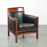 Black leather and wooden Art Deco design armchair
