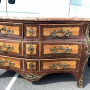 Louis XV tomb commode in marquetry and marble, late 19th century.
