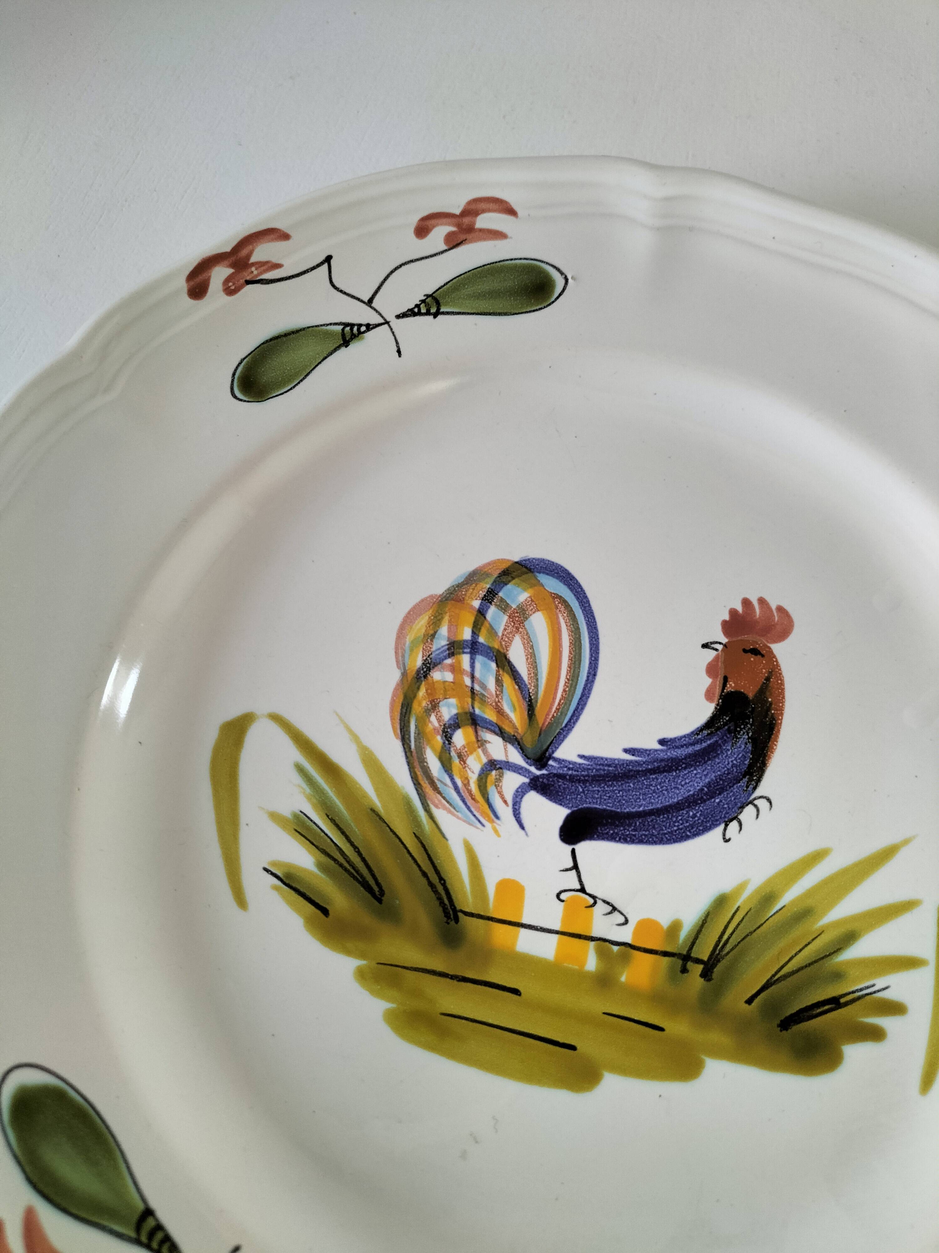 Hand-painted earthenware plate from Pornic, vintage rooster design