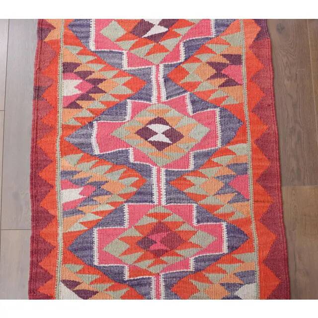 1970s Vintage Turkish Hand-Knotted Wool Cotton Pink Runner Rug 92x343