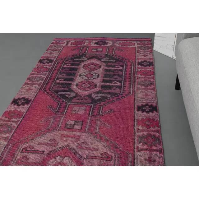 Vintage Turkish Hand-Knotted Wool Cotton Pink Runner Rug 104x351