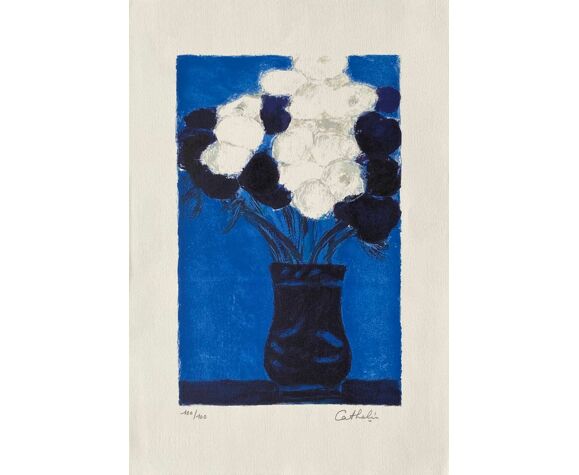 Bernard cathelin anémones bleues et blanches lithographie | Selency