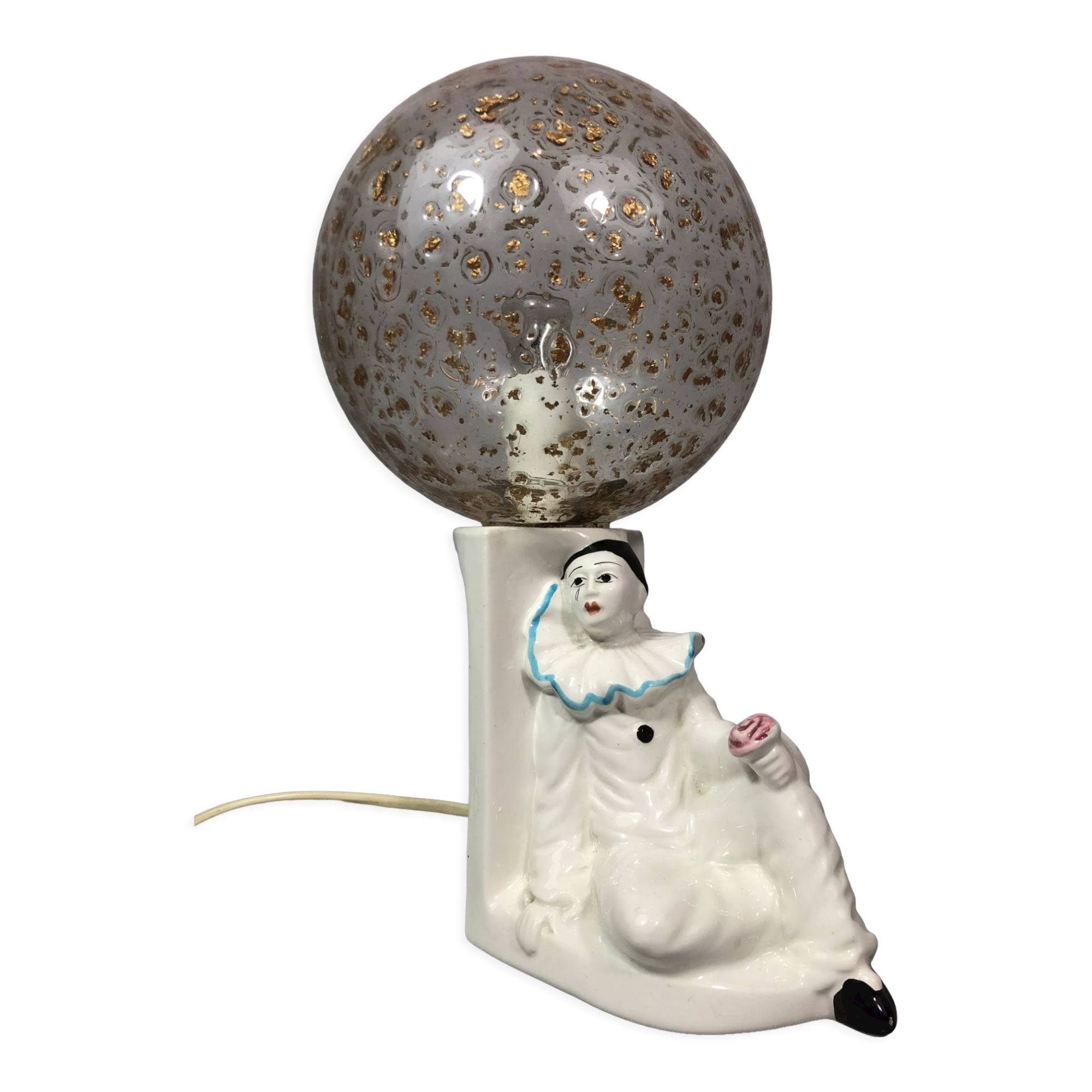 Vintage Pierrot bedside lamp from the 70s, porcelain, inlaid glass globe