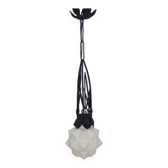Chandelier, Art Deco suspension in wrought iron and star globe in glass paste.