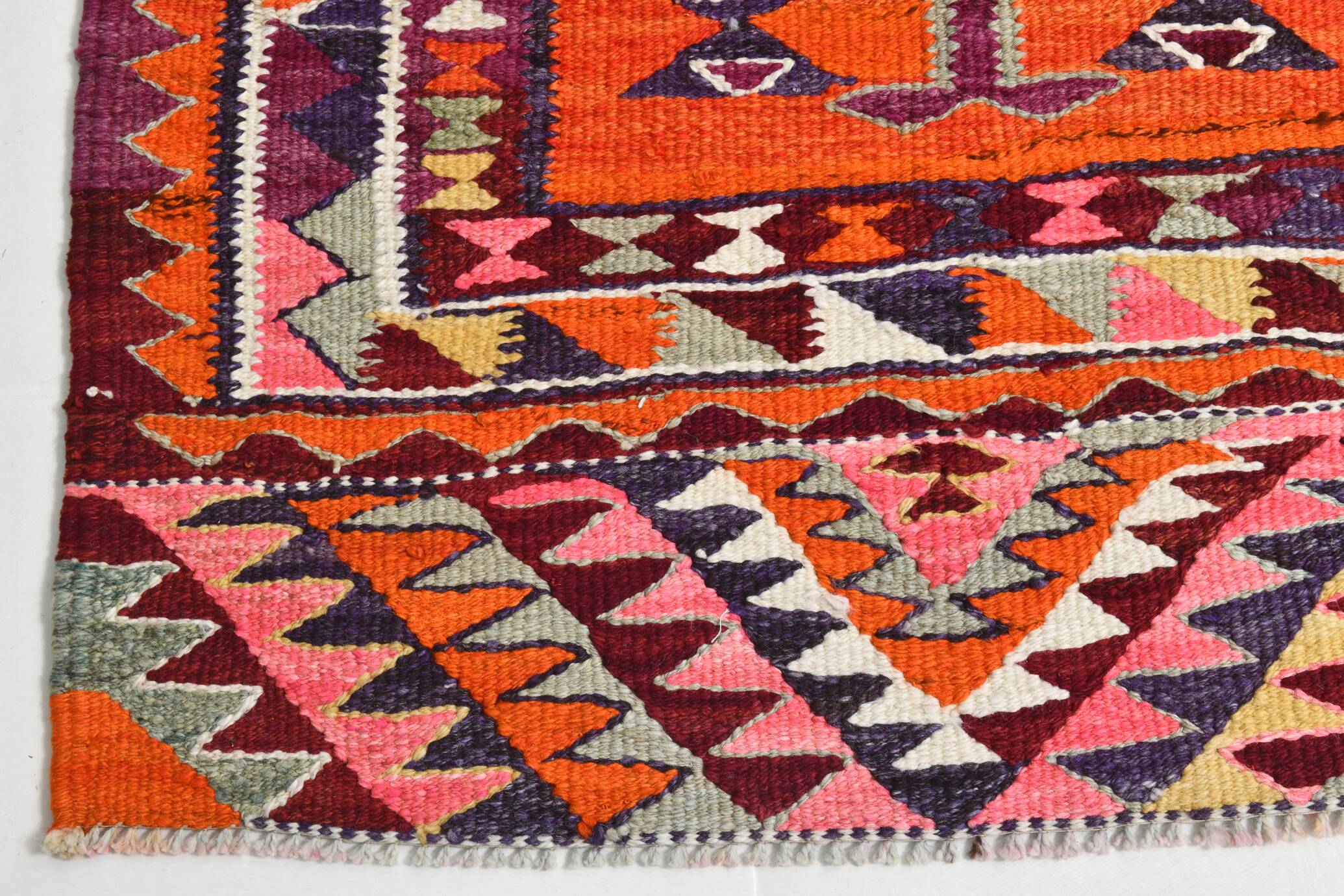 Burgundy & Orange Vintage Kilim Runner Rug, 92x292Cm
