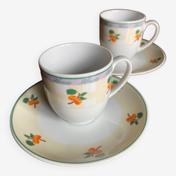 2 Tasses à café et sous-tasses Guy DEGRENNE modèle sucré salé / abricots
