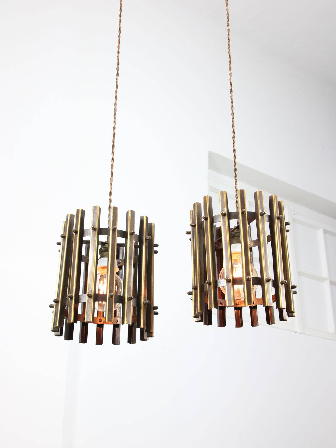 Vintage Italian Brass Cage Pendant Lamps, 1970s, set of 2