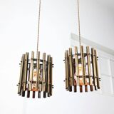 Vintage Italian Brass Cage Pendant Lamps, 1970s, set of 2
