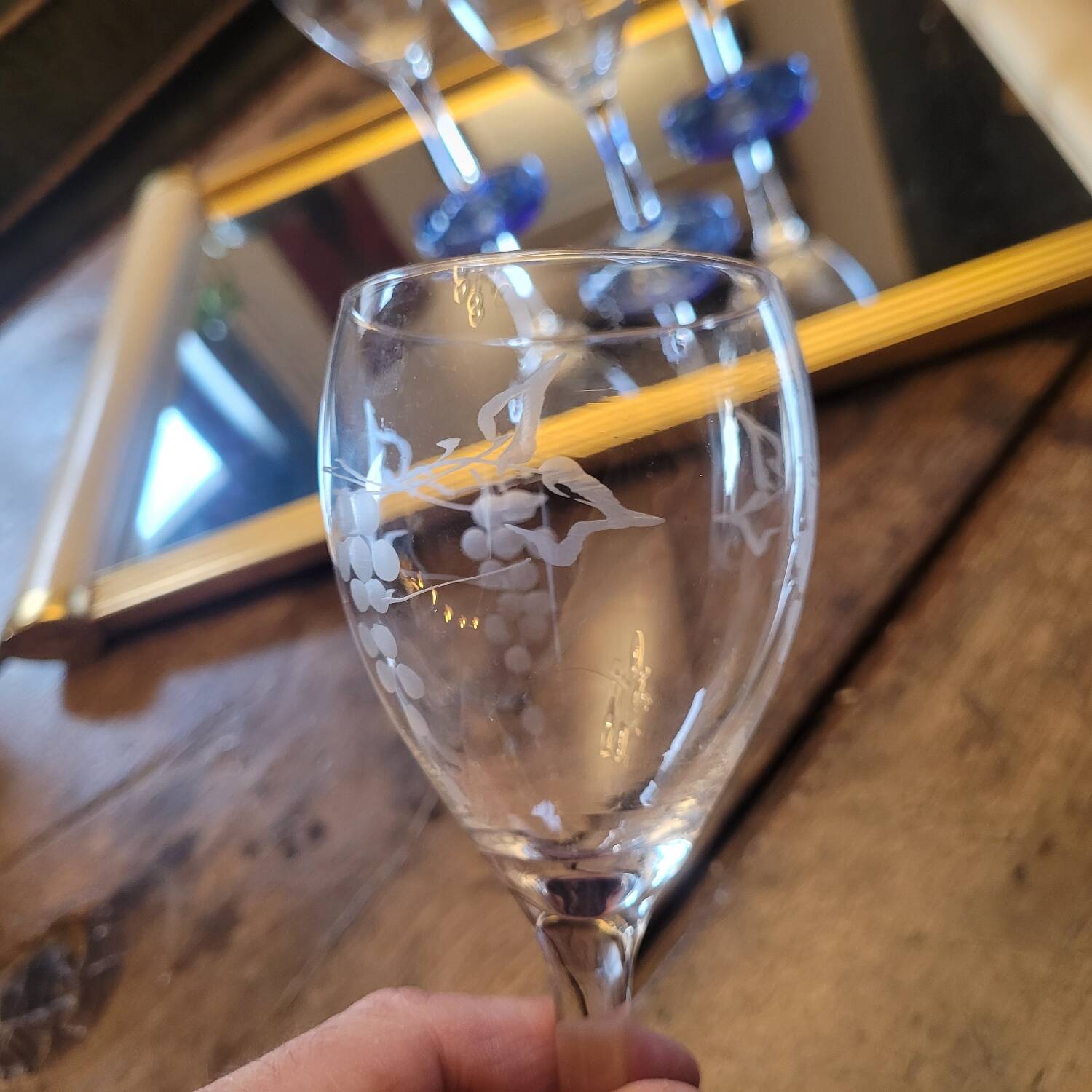 Set of 4 cut glass stemmed glasses from the 50s.