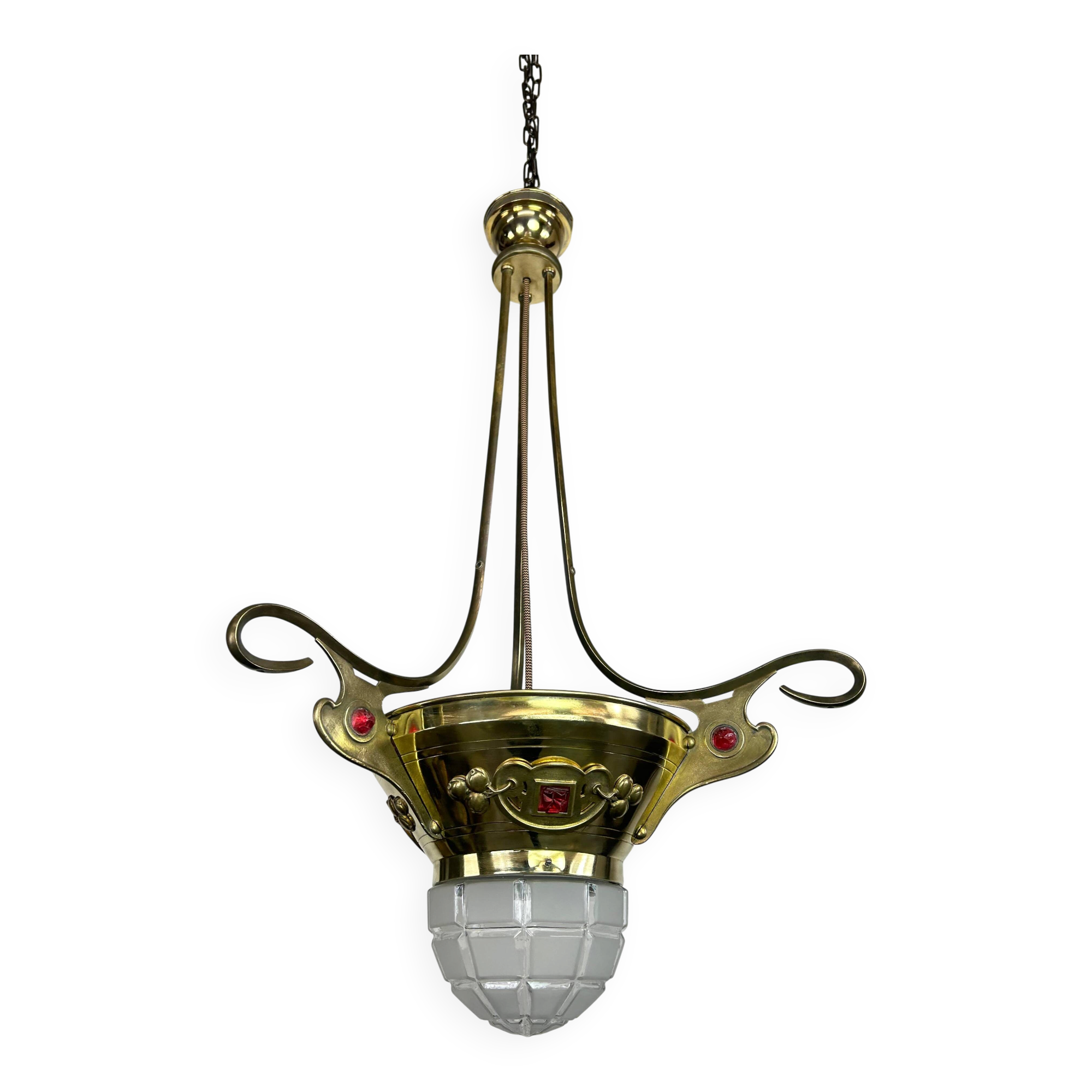 Lustre Jugendstil en laiton avec cristaux rouges