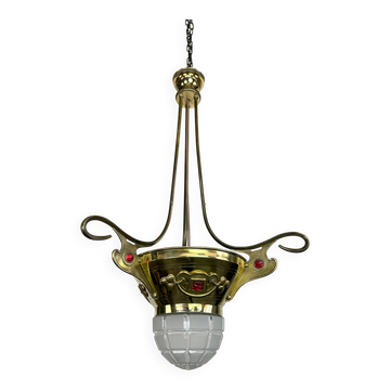 Lustre Jugendstil en laiton avec cristaux rouges