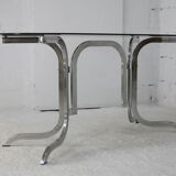 Table chrome steel smoked glass slab. France, circa 1970