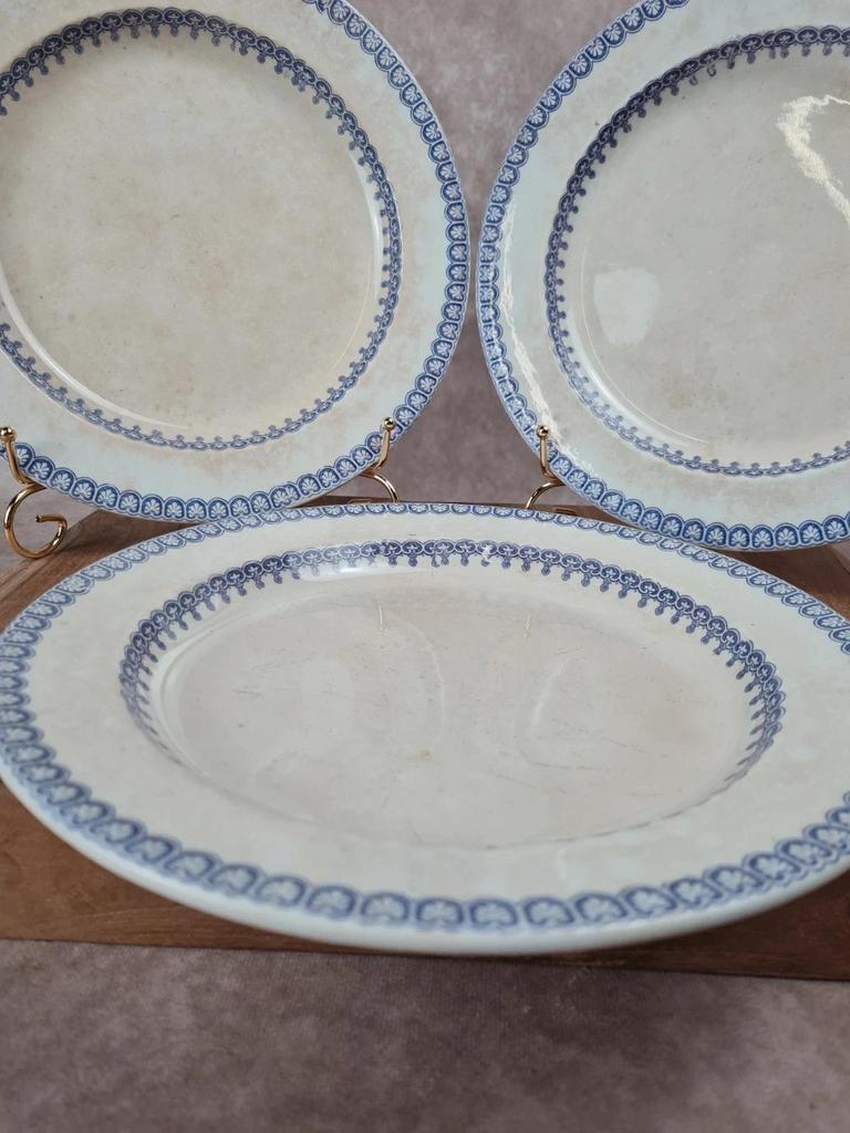 Set of 3 large antique plates, W. Adams & Sons, Etruscan Border design, Victorian Era.