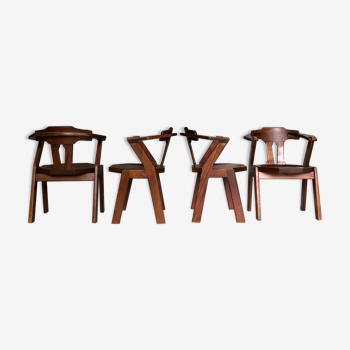 Set of 4 brutalist dutch oak chairs