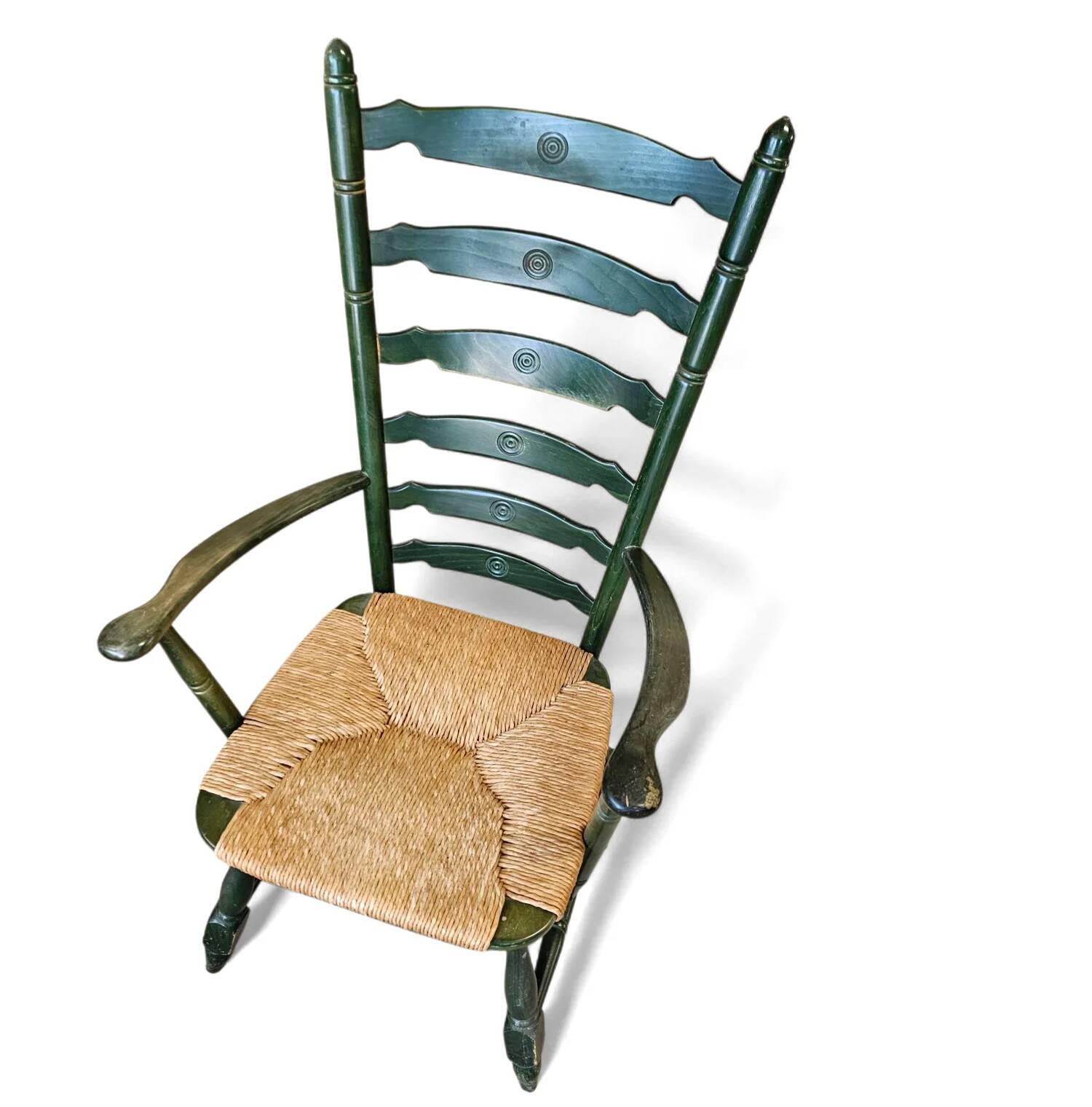 Vintage transparent green wooden arm chair / rush seat / high back ladder chair