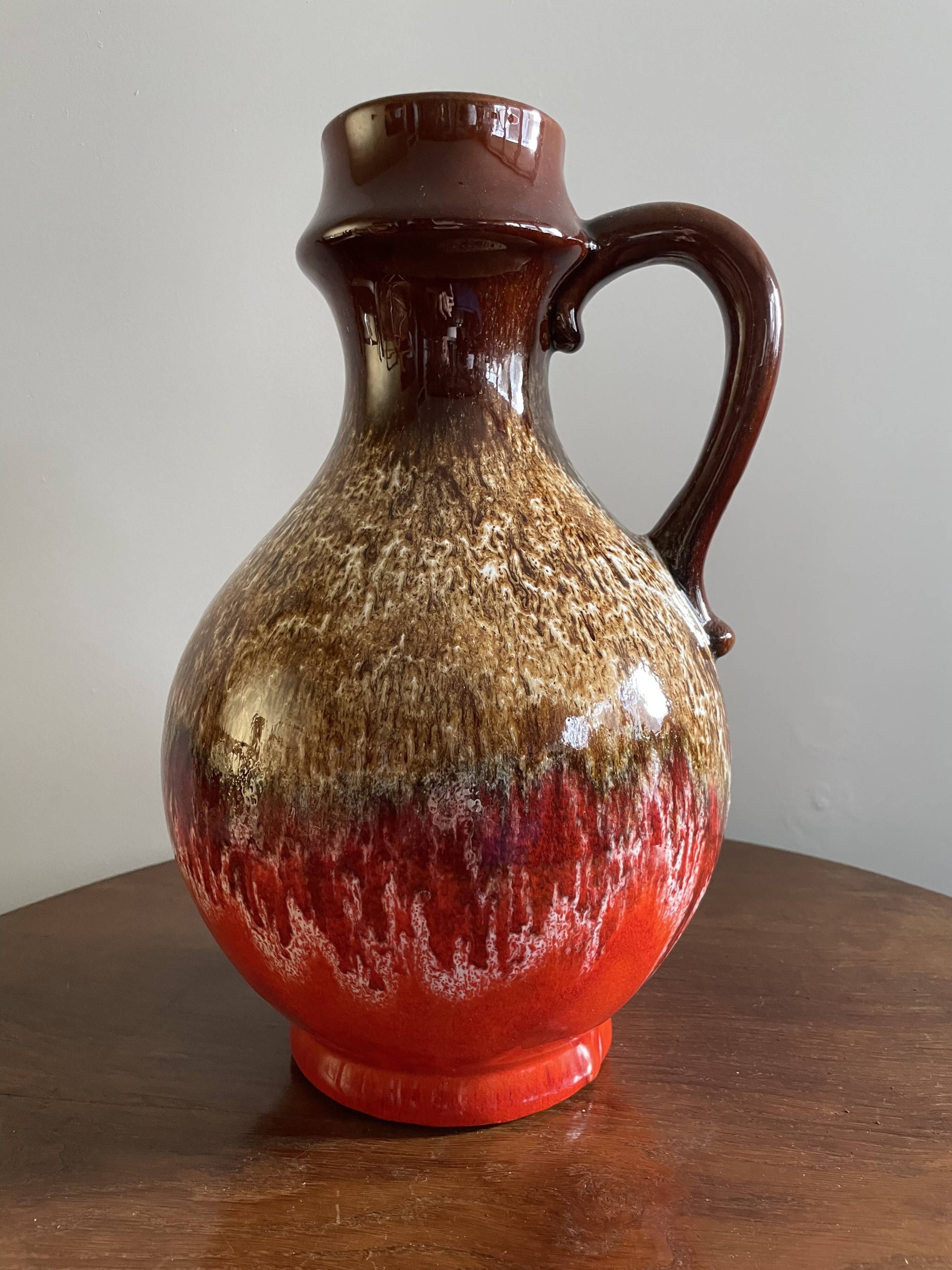 Bay Keramik red, brown and white fat lava handled vase West Germany