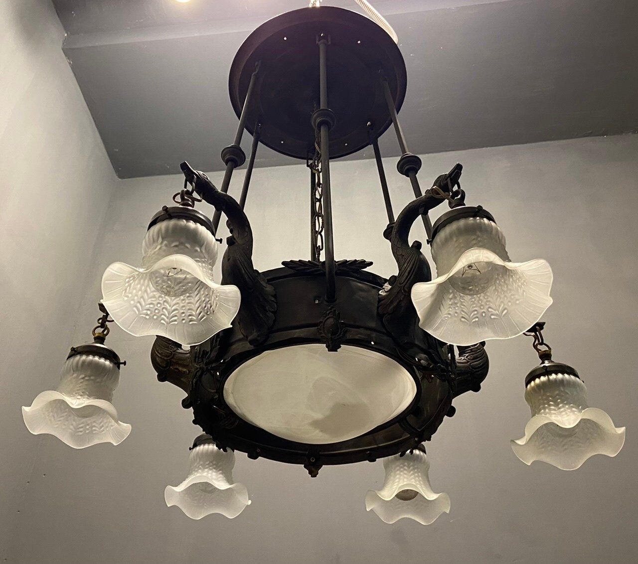 Antique italian liberty chandelier in bronze, 1940s