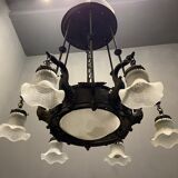 Antique italian liberty chandelier in bronze, 1940s