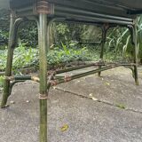 Large vintage oval drop leaf table in green lacquered bamboo rattan 158/106