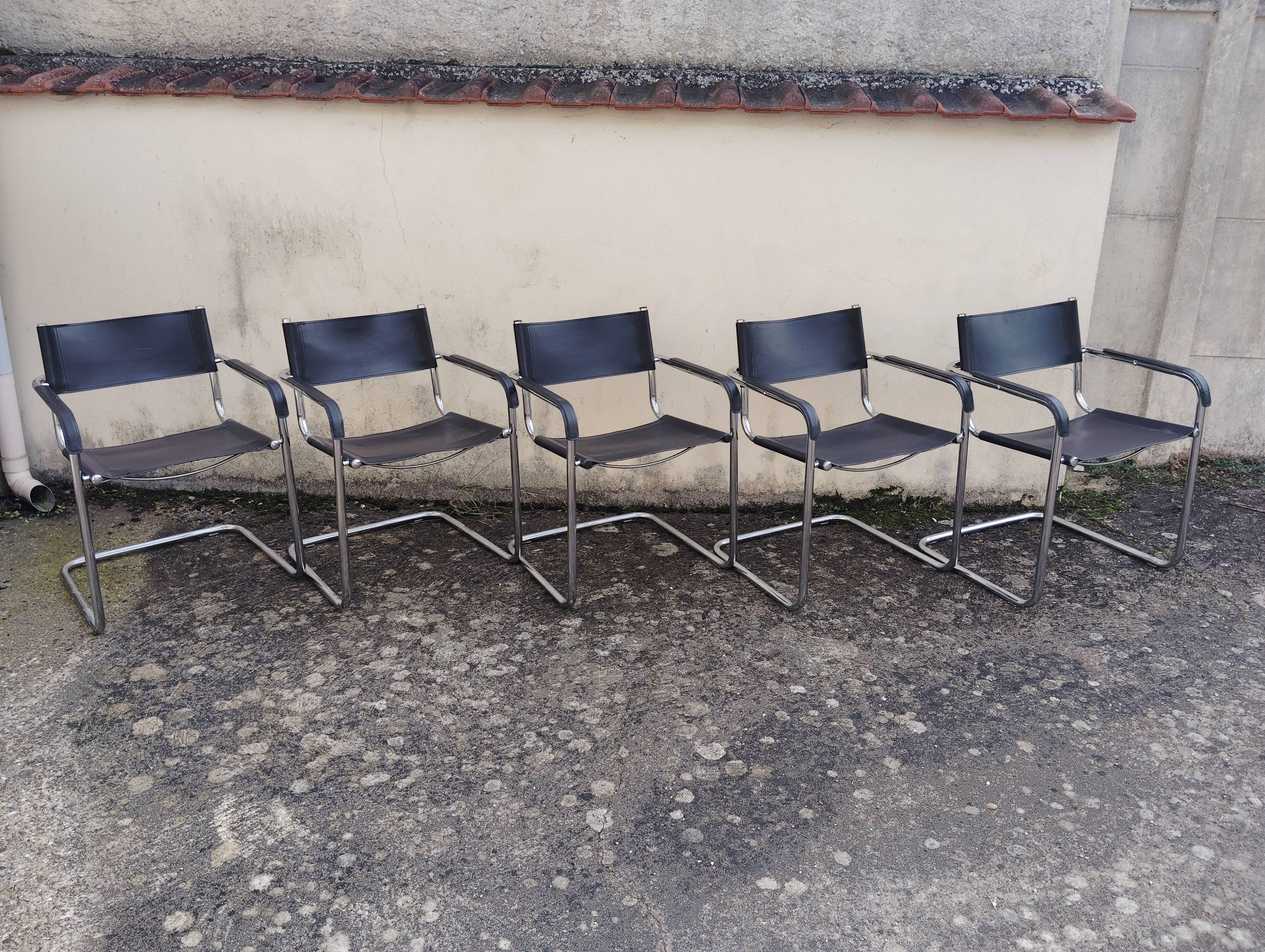 Set of 5 leather/chrome cantilever chairs