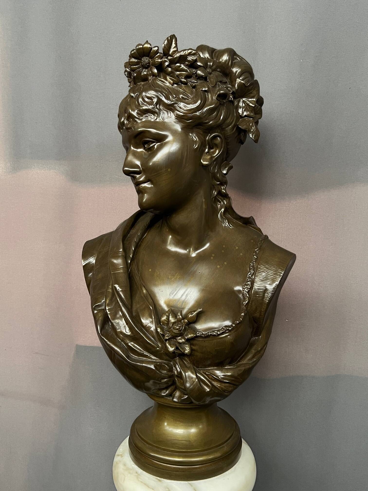 Léopold Harzé (1831–1893). Bronze bust of a young woman on a marble base. Belgium. Dated 1878.