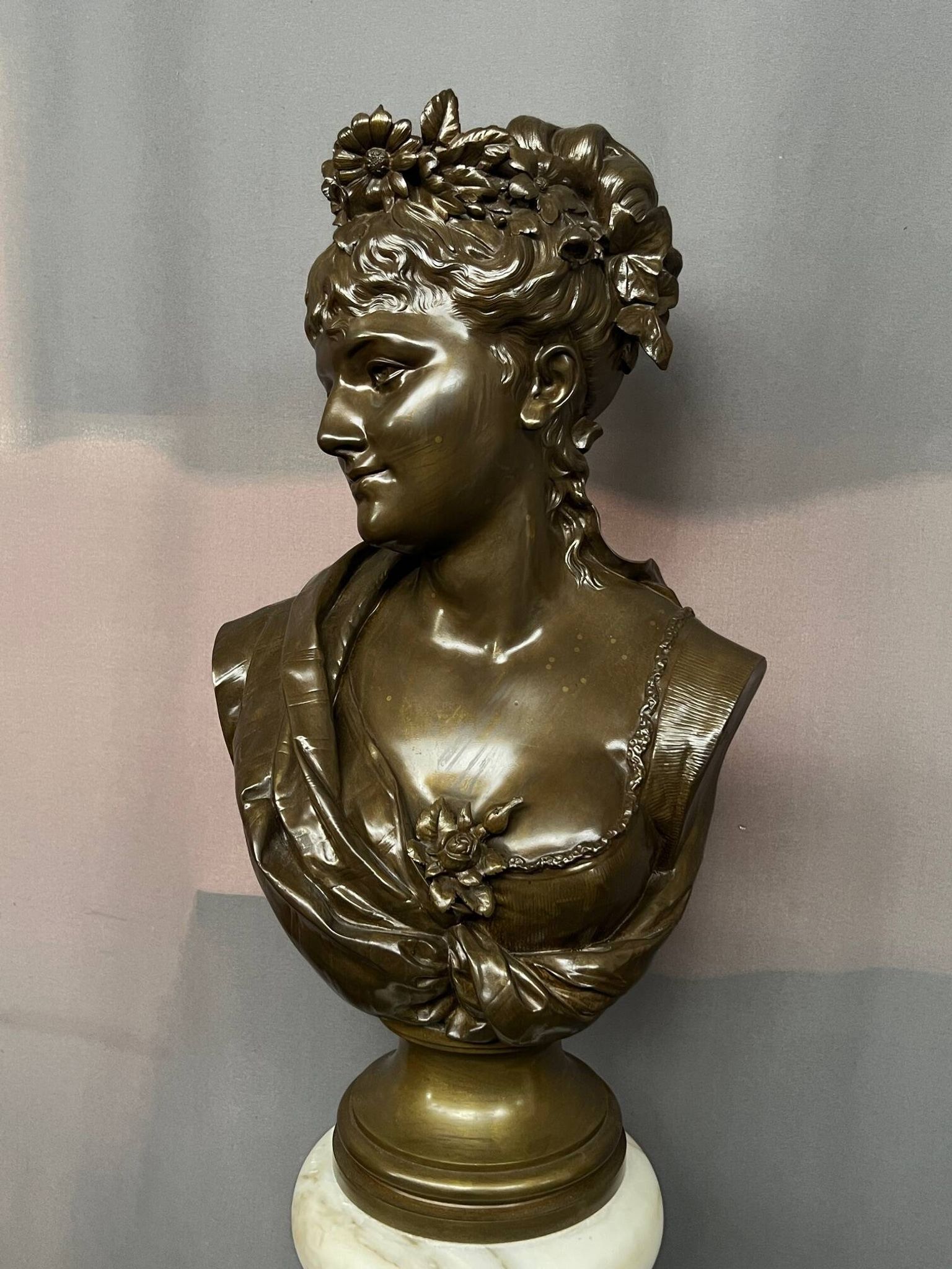 Léopold Harzé (1831–1893). Bronze bust of a young woman on a marble base. Belgium. Dated 1878.
