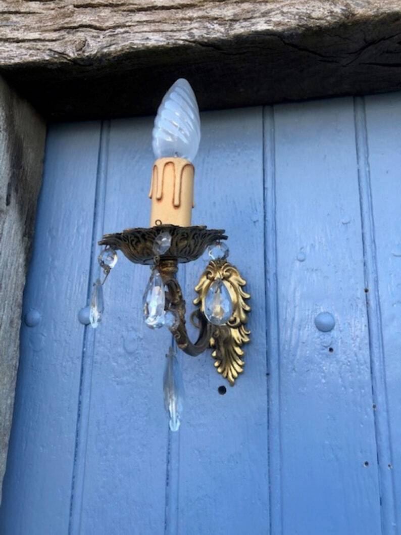 Vintage French Crystal Wall Sconces: Victorian Bronze & Brass Pair