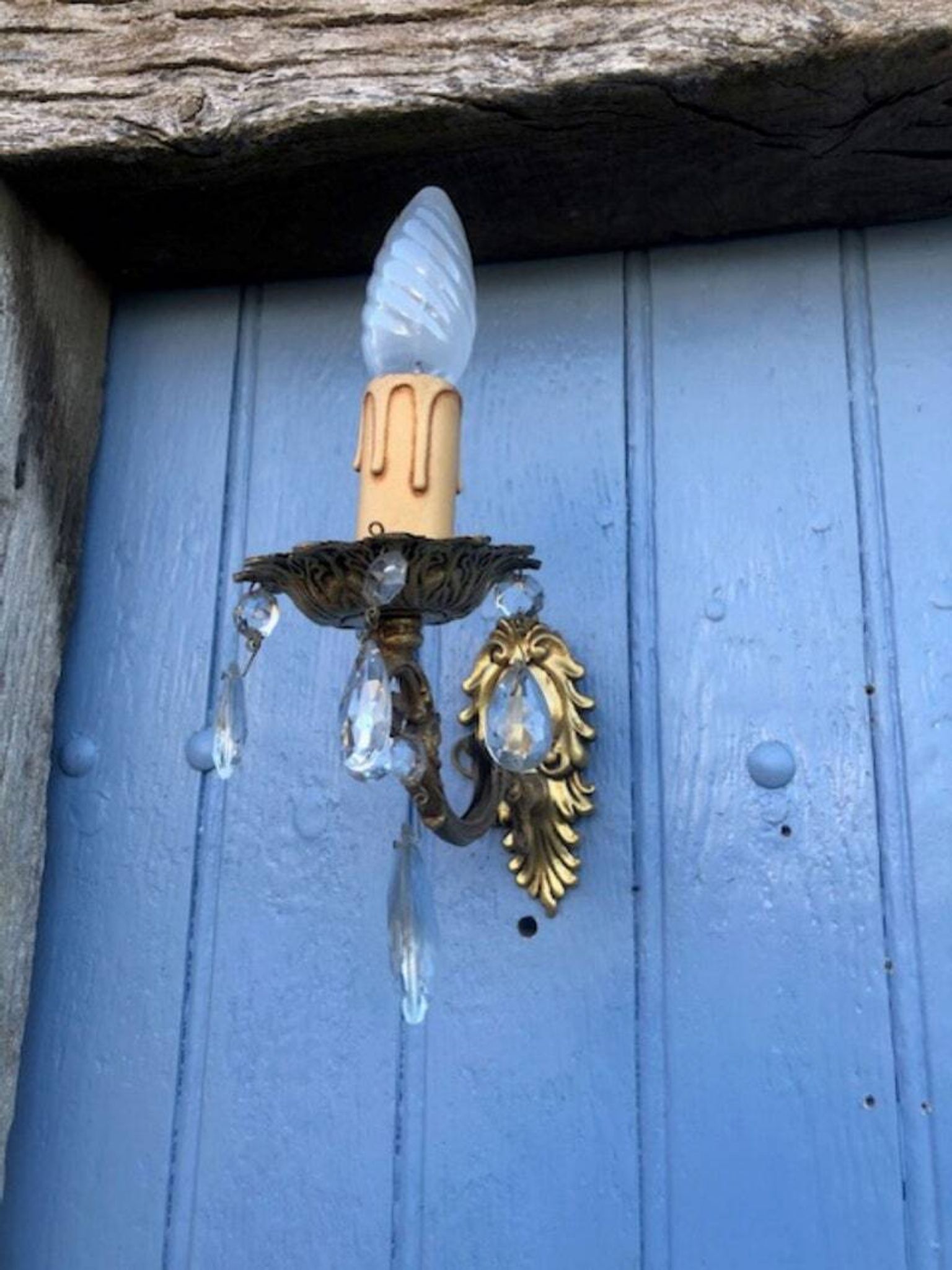 Vintage French Crystal Wall Sconces: Victorian Bronze & Brass Pair